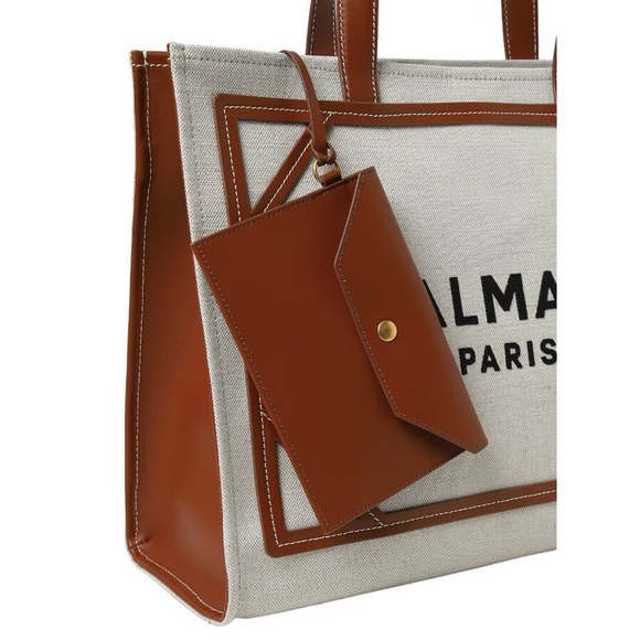 NEW BALMAIN PARIS B ARMY SUMMER CANVAS LEATHER TOTE SHOPPER BAG - Picture 6 of 10